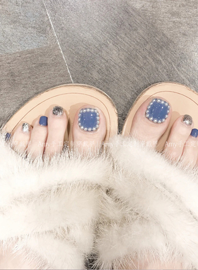 脚趾甲美甲贴片珍珠蓝色显白成品甲片2022夏季新款手工定制穿戴甲