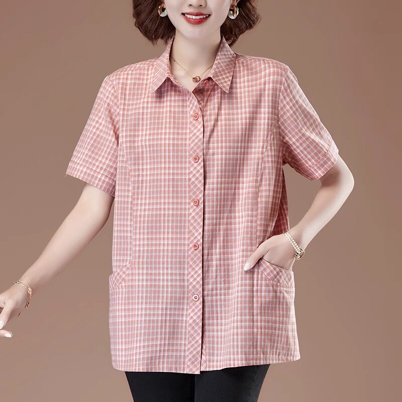 大码女装夏装纯棉短袖衬衫女高端亚麻t恤中老年妈妈衬衣棉麻上衣