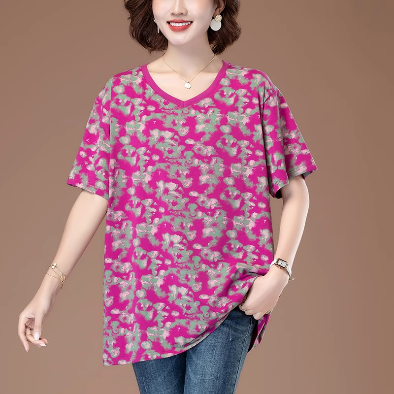 妈妈棉短袖t恤中长款时尚减龄中老年女装奶奶衣服特大码宽松上衣