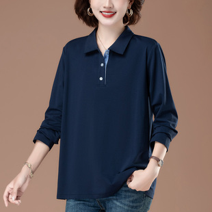 宽松显瘦中长遮臀上衣 中年妈妈翻领小衫 加肥特大码 纯棉T恤女长袖