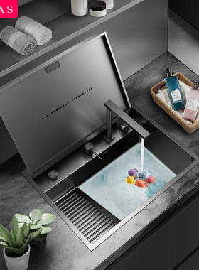 asras阿萨斯隐藏式升降龙头洗衣槽阳台304不锈钢纳米易清洁搓衣槽