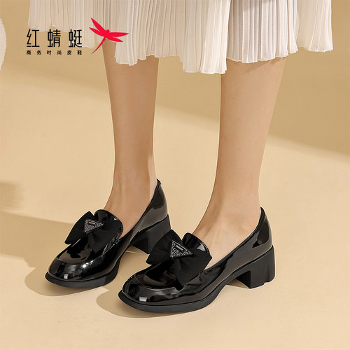 红蜻蜓粗跟蝴蝶结乐福鞋