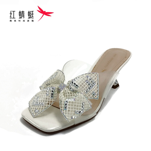 REDDRAGONFLY/红蜻蜓外穿甜美蝴蝶结高跟防滑一字拖鞋女K3300086