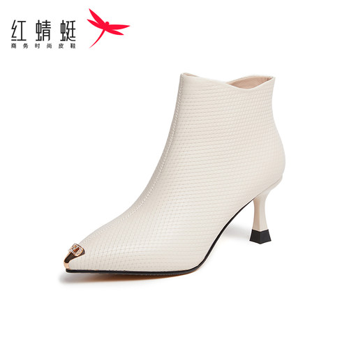 红蜻蜓真皮尖头短筒靴