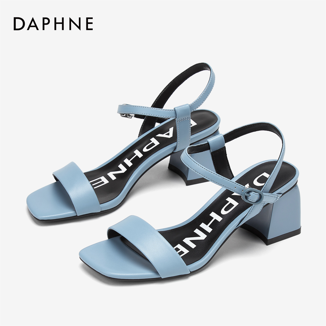 Daphne/达芙妮夏新款欧美时尚简约一字带优雅通勤方头高跟凉鞋女