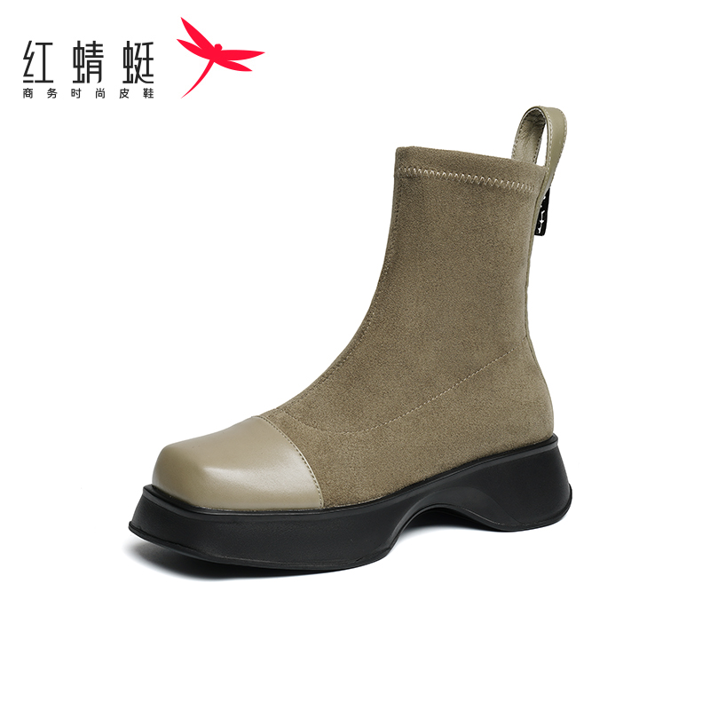 红蜻蜓后拉链时尚粗跟女靴