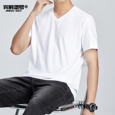 夏季纯色V领重磅短袖男士T恤白纯棉潮流男装宽松大码打底衫上衣服