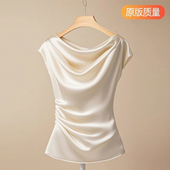 优雅一字领缎面短袖 收腰显瘦上衣纯色高档小衫 t恤女2025夏季 新款