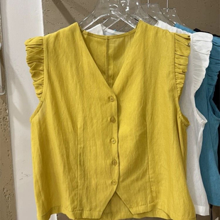 背心短裤 高端欧货2025夏季 新款 V领单排扣木耳边飞飞袖 女上衣 衬衫