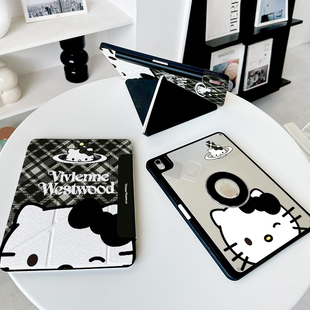 格纹猫适用ipadair7保护套第11代oppo5卡通vivo4带笔槽kt华为matepad11.5s黑色壳小米平板8 Y折磁吸拆分