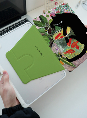 【360旋转x摸鱼黑猫】搞怪绿色适用苹果平板ipad9保护套透明亚克力7带笔槽air硬壳pro11/12.9第十代10.9mini6