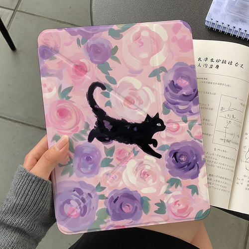 【3+y折百变搭扣】玫瑰黑猫适用7第11代ipadair8保护套带笔槽oppo6vivo5华为matepad12.2壳13.2pro小米平板8