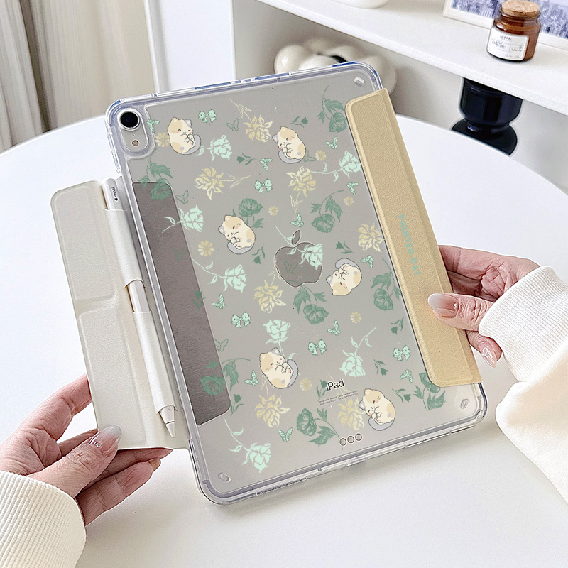 【3+y折x无笔槽拆分】ipadair7保护套适用苹果小米平板6透明华为matepad11.5s猫咪12.2第11代折叠pro11壳绿色