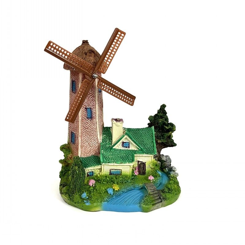 欧式田园荷兰风车鱼缸居家桌面微景观防水树脂造景摆件可转动水车