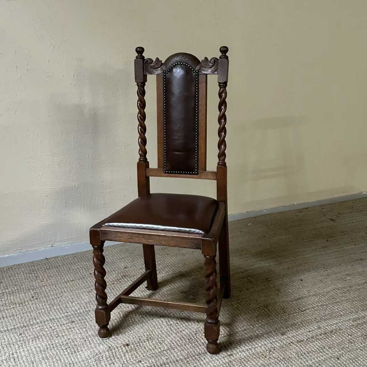 中古实木做旧雕花餐椅休闲椅复古怀旧中古书椅皮艺高背椅子定制