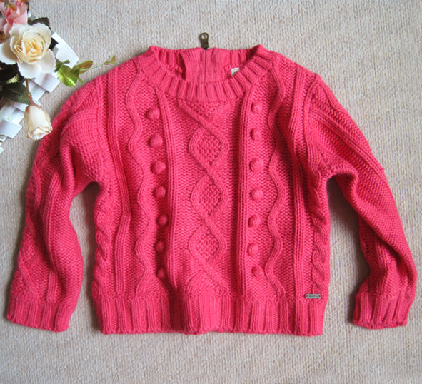 欧美风柔软毛线棒针纽花套头后拉链短款春秋冬女童毛衣 针织衫