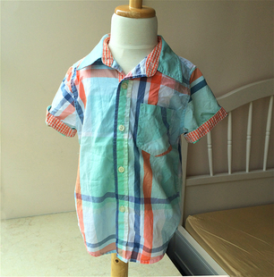 出口香港纯棉薄款修身彩格短袖夏季男童衬衫 中大童衬衣