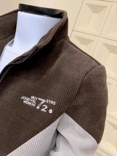 灯芯绒外套男2024秋冬季新款拼接条纹宽松上衣男立领加绒夹克男潮
