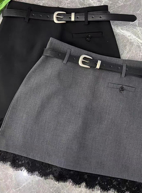 半身裙女2025春夏新款蕾丝灰色拼接西装高腰显瘦防走光a字裙短裙