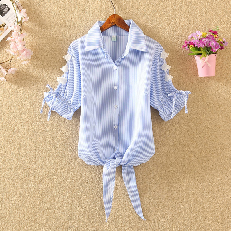 Real shot Summer Shirt Short Sleeve Korean Short tie small fresh loose Korean student stripe stitching shirt