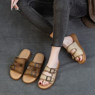 头层牛皮勃肯拖鞋女夏季外穿新款复古休闲厚底防滑沙滩一字女凉拖
