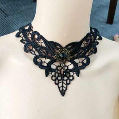 新品黑色镂空蕾丝水晶遮盖项链