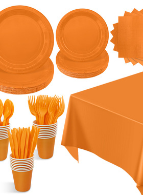 橙色橘色派对装饰万圣节感恩节纸盘纸杯桌布一次性餐具布置餐盘