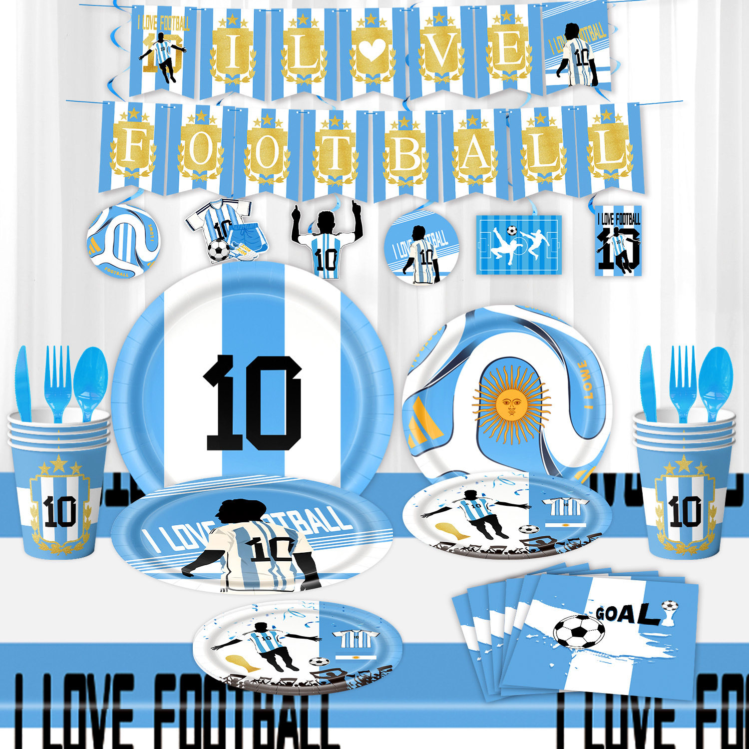 世界杯主题梅西球迷派对餐具装饰用品一次性纸盘纸杯纸巾桌布横幅