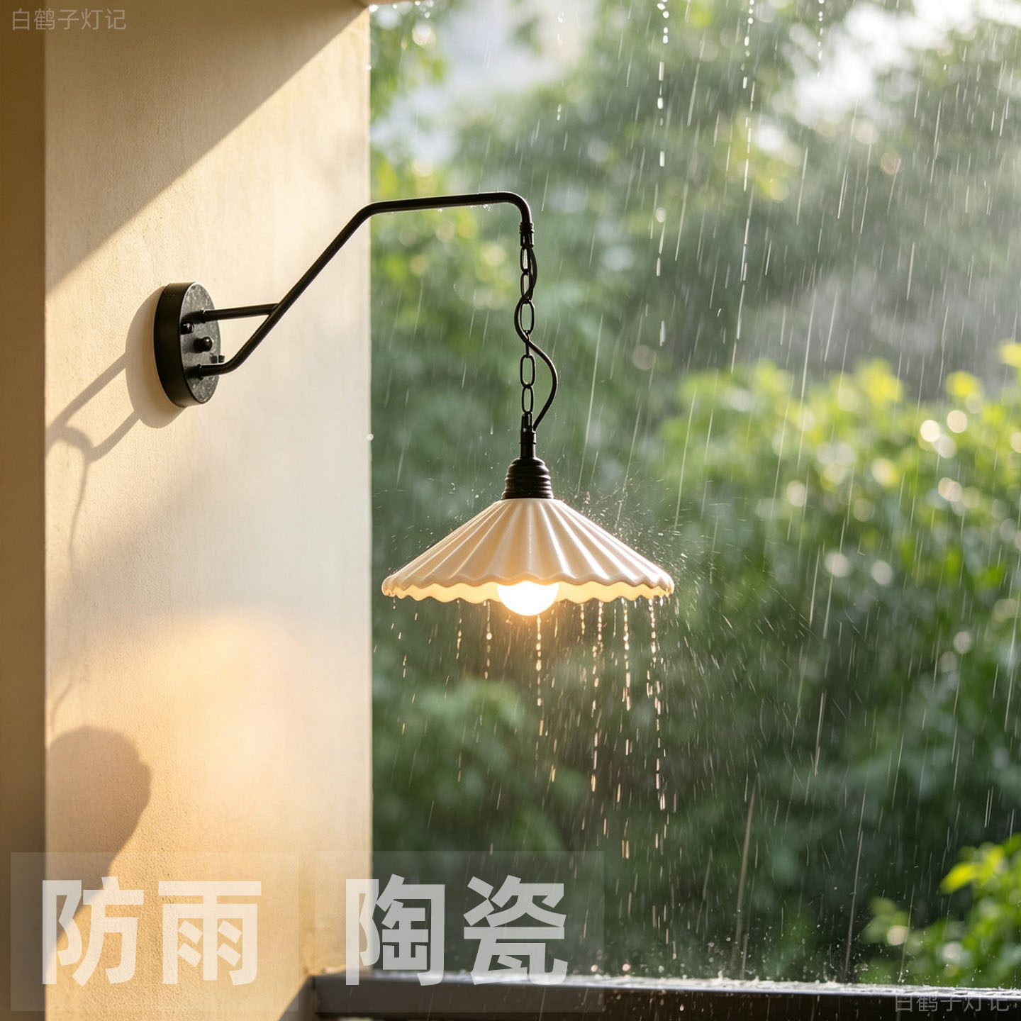 复古陶瓷伞带吊链铁艺弯臂防水照明庭院阳台防雨水氛围感墙壁灯