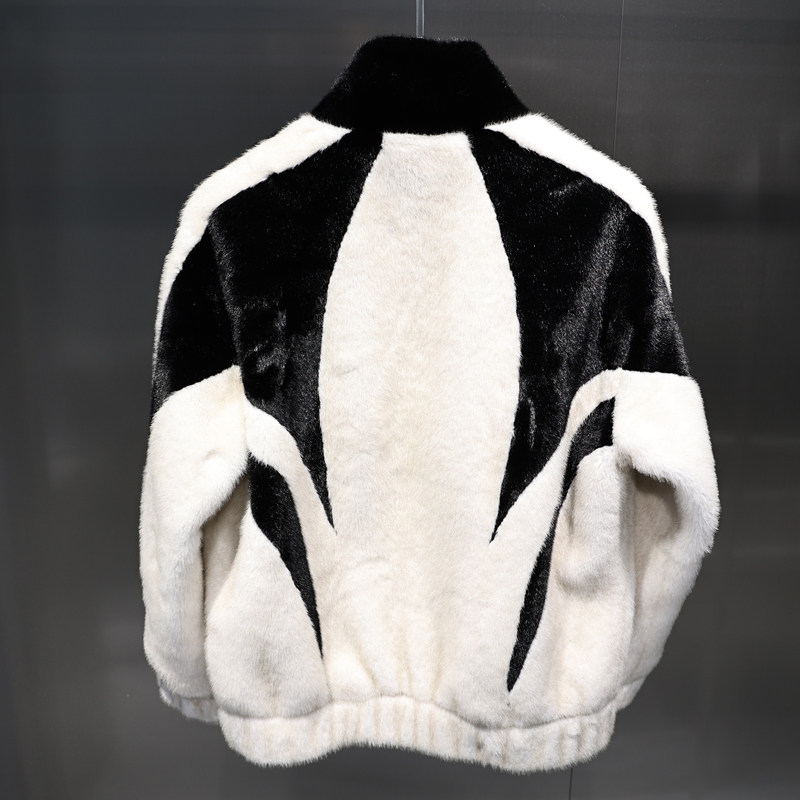 2024 겨울 유럽 두꺼운 따뜻한 골드 밍크 벨벳 흑백 컬러 매칭 라인 스탠드 칼라  가죽 스플 라이스 모피 자켓 유행