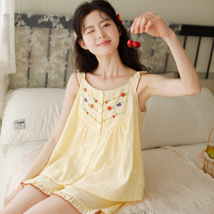 富朵夏季 吊带睡衣女纯棉纱布无袖 背心甜美小飞袖 刺绣家居服套装
