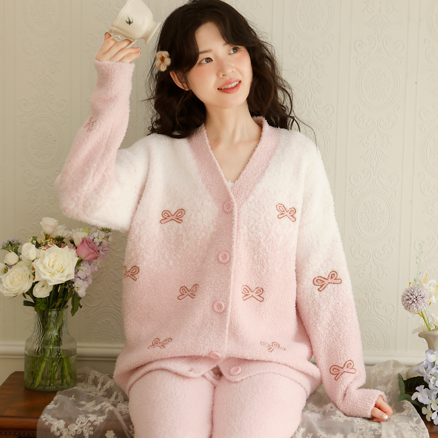 富朵半边绒月子服三件套睡衣冬季加厚加绒珊瑚绒产后保暖家居服