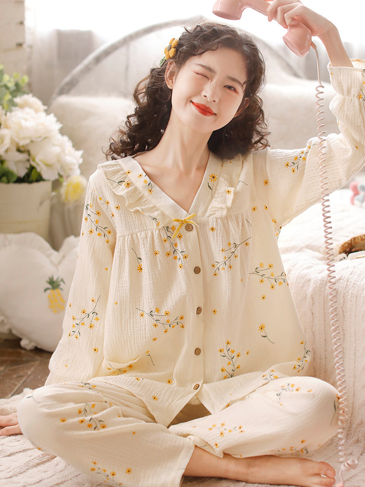 富朵月子服双层纱布哺乳套装纯棉薄款孕妇睡衣V领长袖喂奶家居服