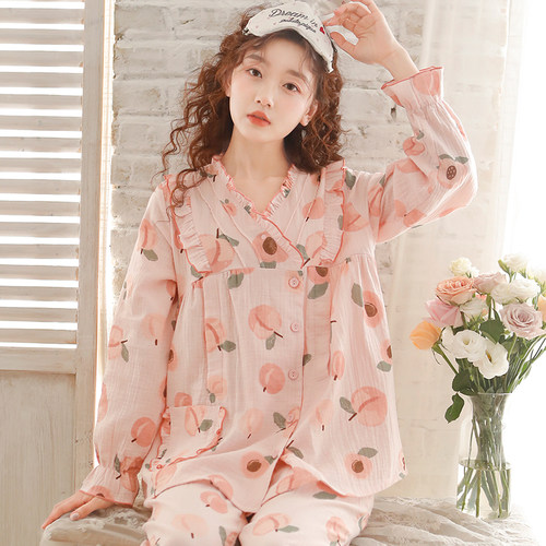 富朵纯棉纱布月子服长袖哺乳睡衣