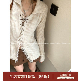 GV大白哥 复古重塑 麂皮系带翻领复古针织开衫早秋穿搭上衣慵懒女