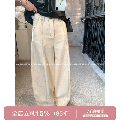 棉麻莱赛尔立体缝线直筒休闲裤