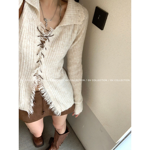 早秋穿搭上衣慵懒女 麂皮系带翻领复古针织开衫 GV大白哥 复古重塑