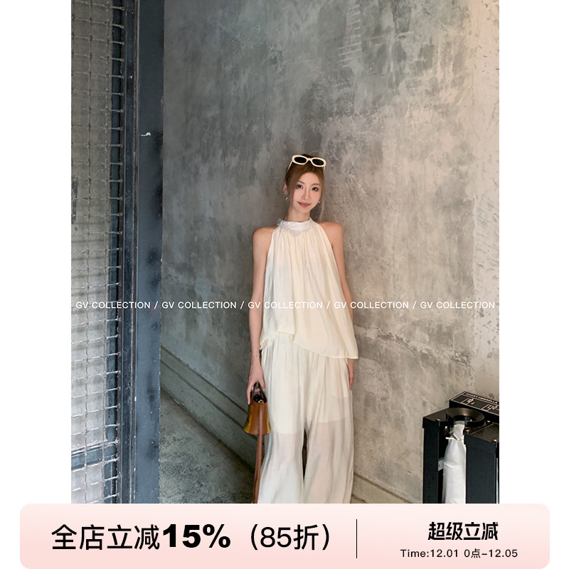 GV大白哥 清冷氛围 半高领压褶削肩挂脖上衣阔腿休闲拖地裤套装女