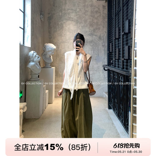 镂空网格无袖针织背心围脖两件套