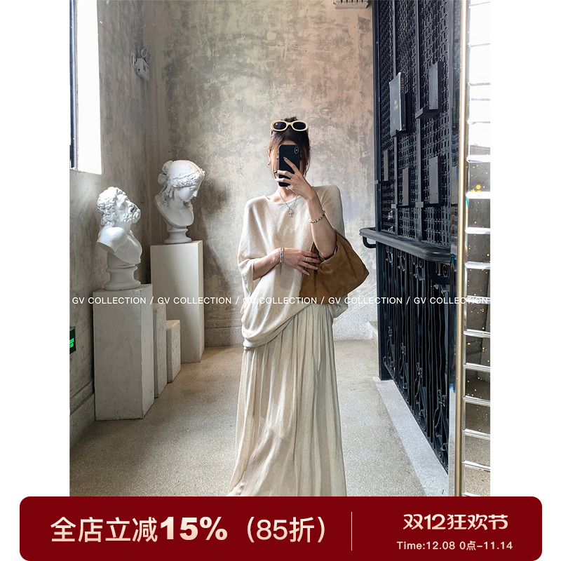 GV大白哥 松弛淡人 亚麻莱赛尔宽松休闲上衣A字百褶半身裙套装女