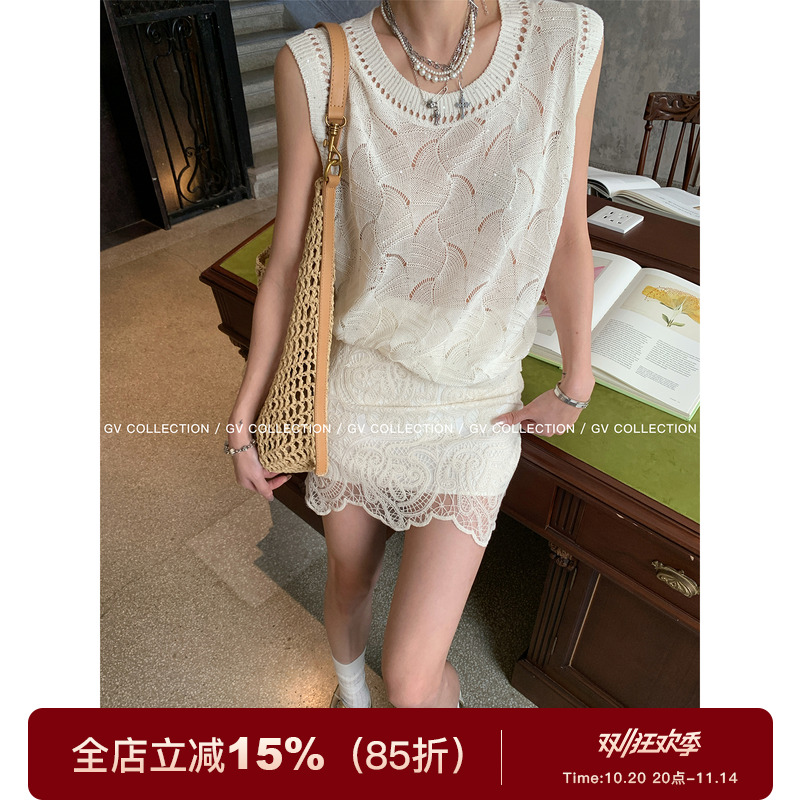 镂空闪片针织宽松背心上衣