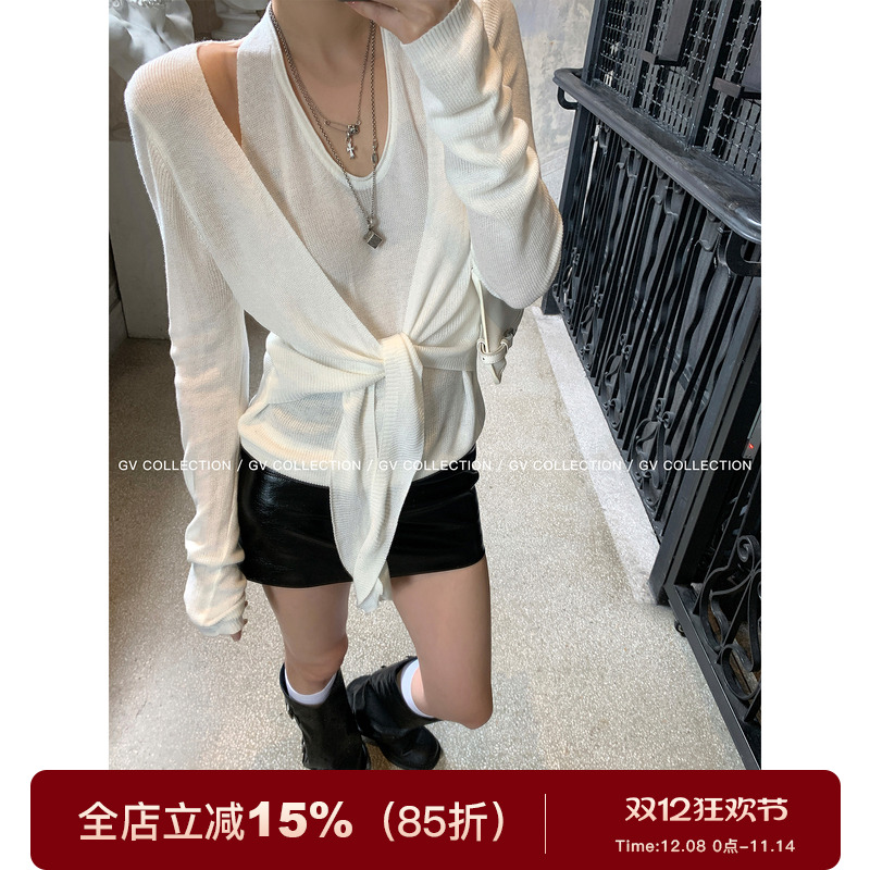 超绝纸片感假两件系腰针织上衣