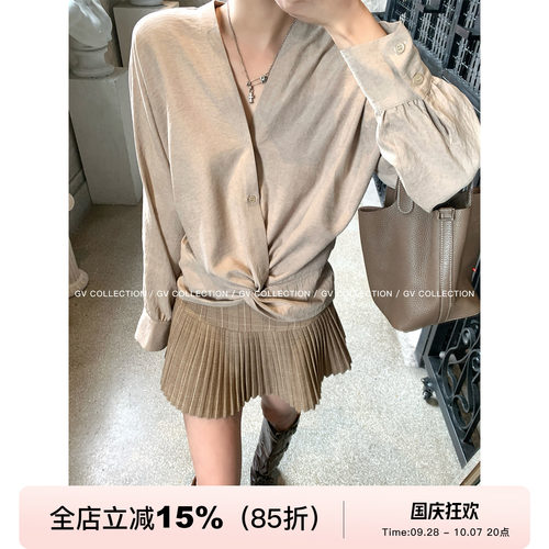 高知感V领褶皱收腰衬衫上衣