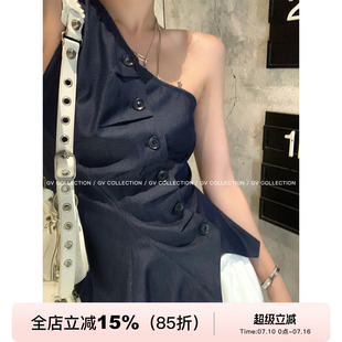GV大白哥 权利高智 轻氧牛仔色斜肩纽扣褶皱露肩上衣设计感女夏