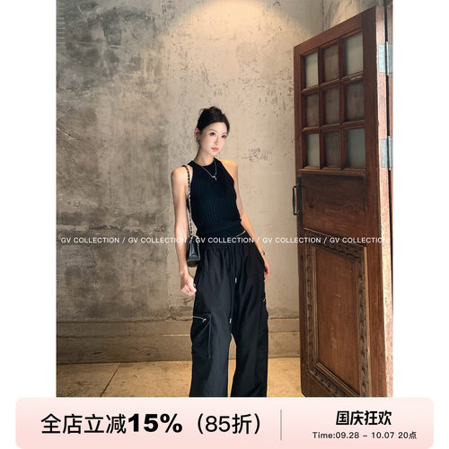 抽身松紧腰工装直筒口袋休闲裤
