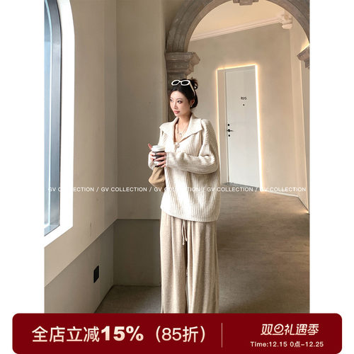 大翻领polo坑条针织毛衣上衣