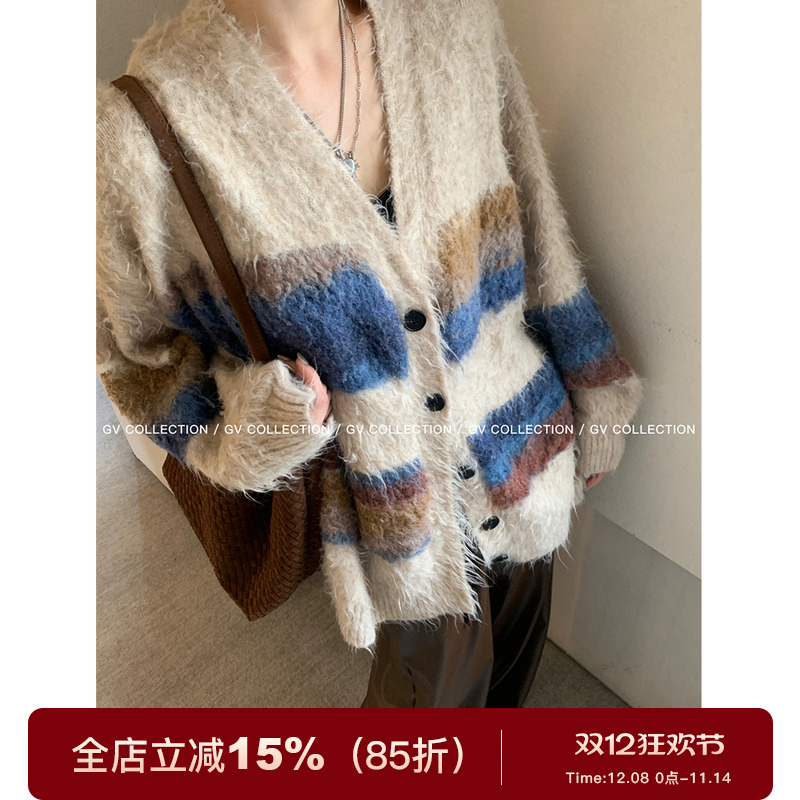 GV大白哥Vintage腔调配色 软软撞色毛衣开衫美拉德宽松针织上衣女