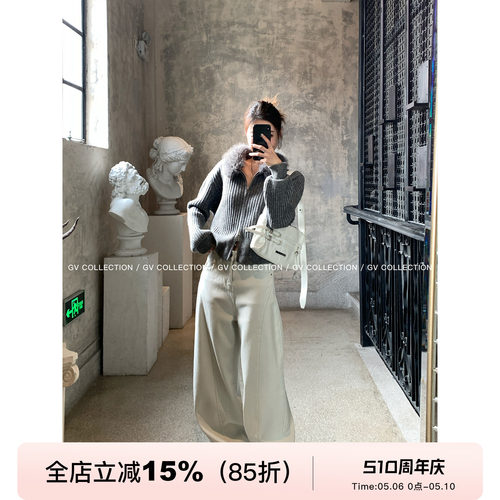天丝棉加绒结构阔腿牛仔裤