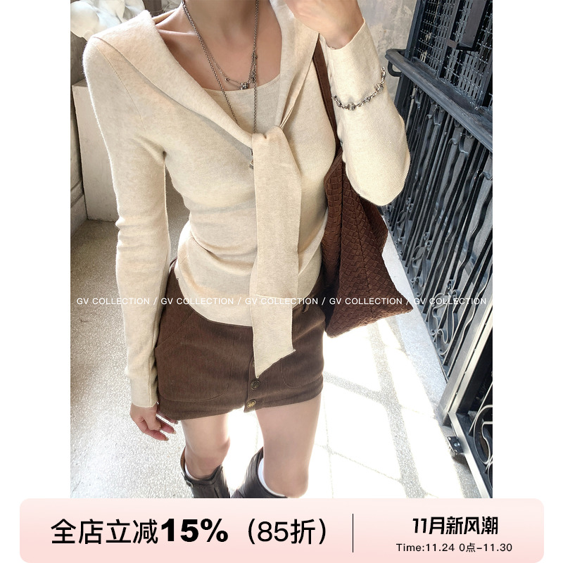 飘带披肩假两件针织打底上衣