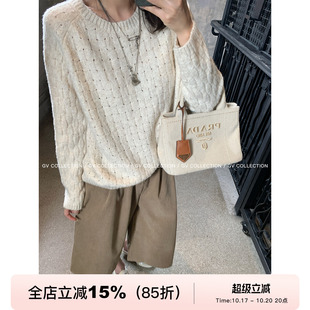 GV大白哥 极简线条 编织华夫格羊毛松弛圆领毛衣秋冬女装新款上衣